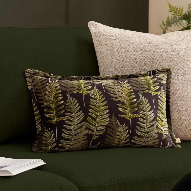 Kielder Forest Fern Night Printed Velvet Cushion Black