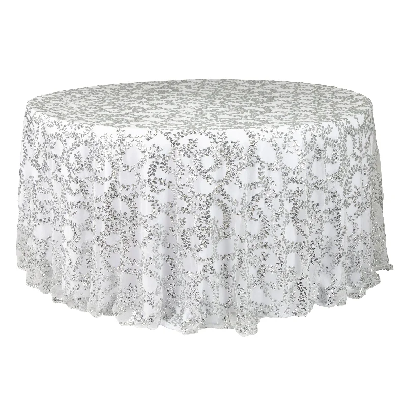 Sequin Vine Tablecloth Overlay 120" Round  - Silver