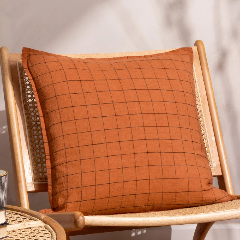 Linen Grid Check Cushion Brick