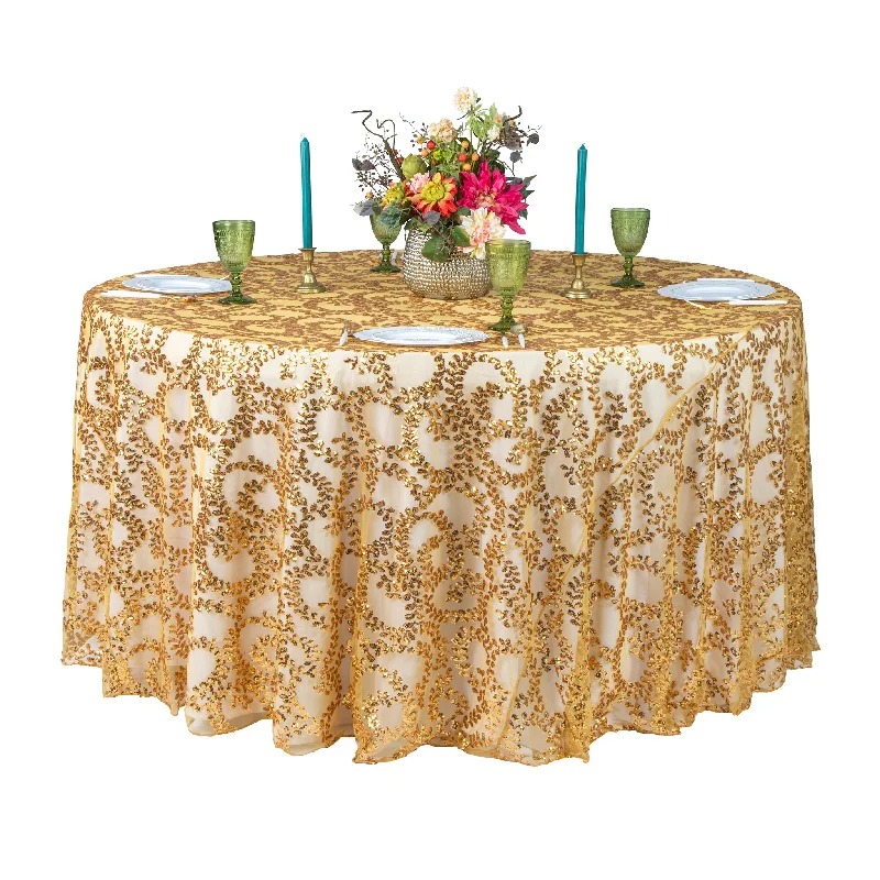 Sequin Vine Tablecloth Overlay 120" Round  - Gold