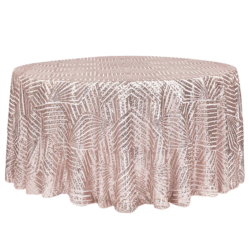 Geometric Glitz Art Deco Sequin Tablecloth 132" Round - Blush/Rose Gold