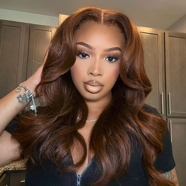 Chestnut Brown Loose Wave Human Hair Wigs with Curtain Bangs Glueless Lace Front Colored Wig For Black Women-Amanda Hair