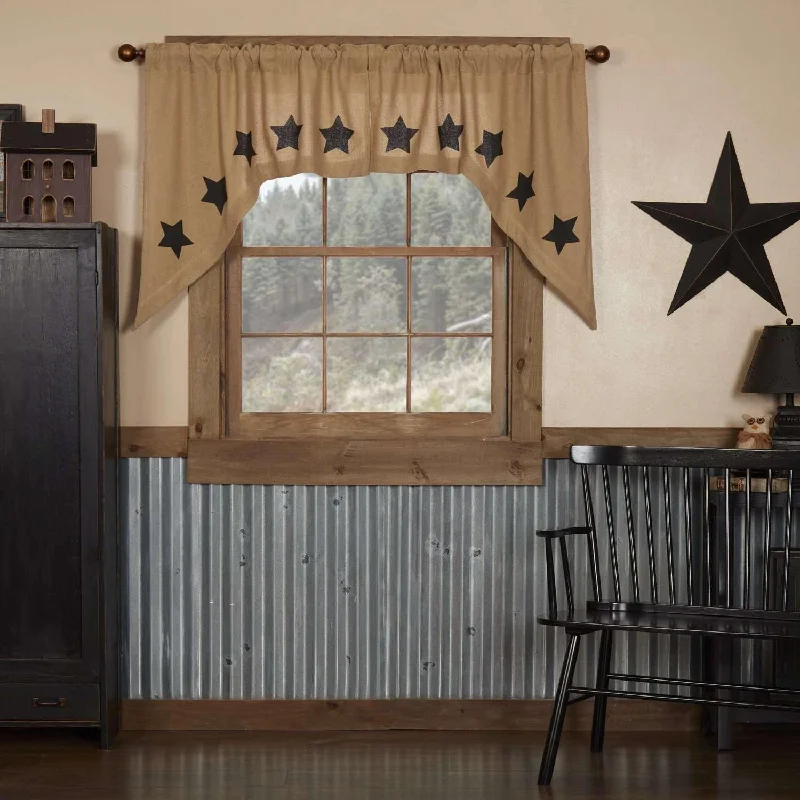 Burlap w/Black Stencil Stars Swag Curtain Set of 2 36x36x16