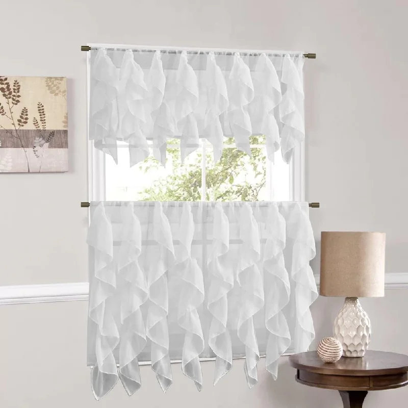 Sweet Home Collection White Vertical Ruffled Waterfall Valances and Curtain Tiers