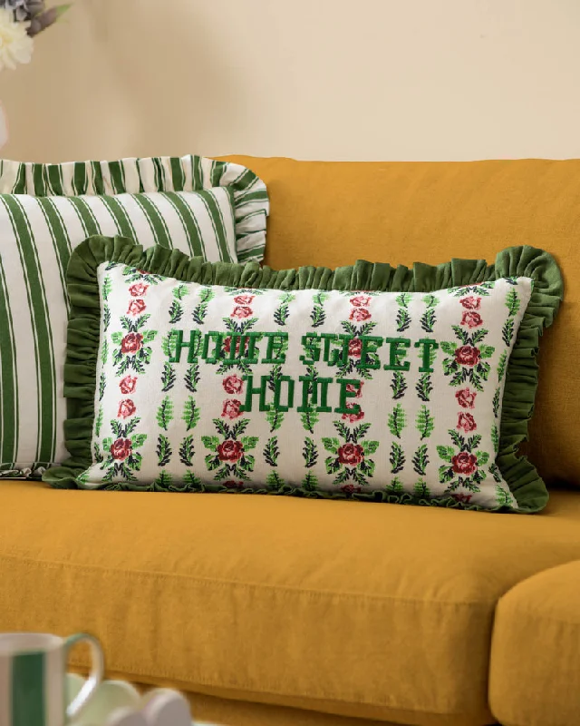 Feeoni Home Sweet Home Embroidered Cotton Cushion Willow Green