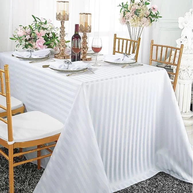 90"x132" Seamless Rectangular Striped Jacquard Polyester (220 GSM) Tablecloth - White (1pc)