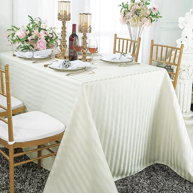 90"x132" Seamless Rectangular Striped Jacquard Polyester (220 GSM) Tablecloth - Ivory (1pc)