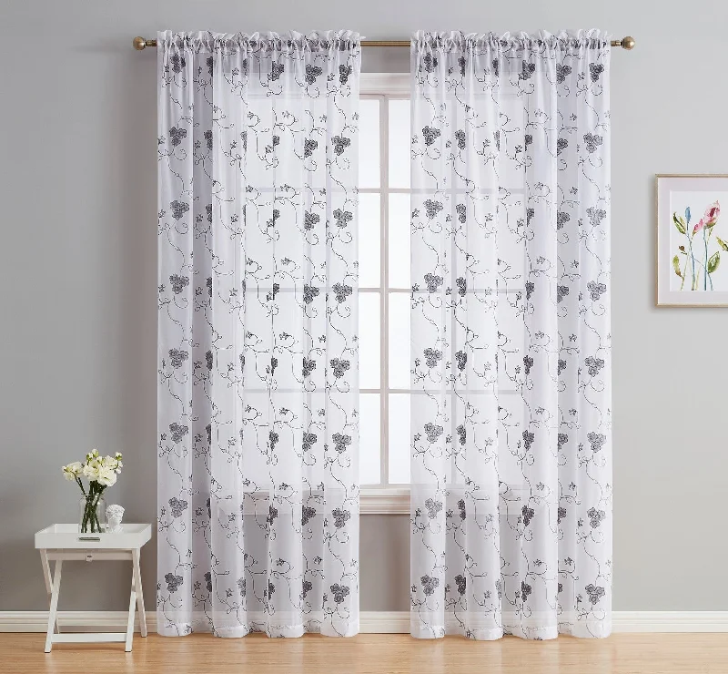 Allegra Floral Embroidered Rod Pocket Sheer Curtain Panels