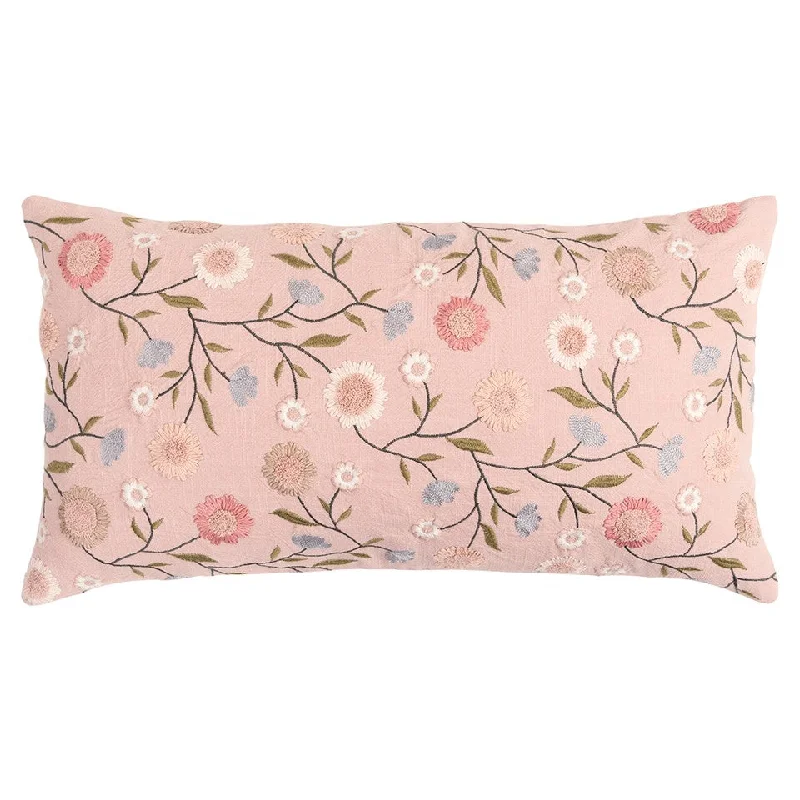 14" X 26" Blush Floral Cotton Throw Pillow With Embroidery