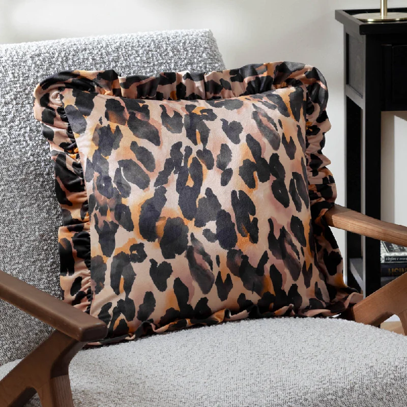 Leopard Printed Velvet Ruffle Cushion Multi