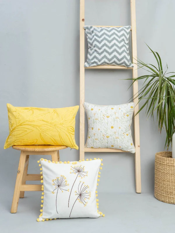 Leafy Affair Yellow 12" X 20", Dancing Dandelion 16", Drifting Dandelion In Yellow 16" , Ikat Chevron Grey 16" Set Of 4 Combo Cotton Cushion Cover - Yellow