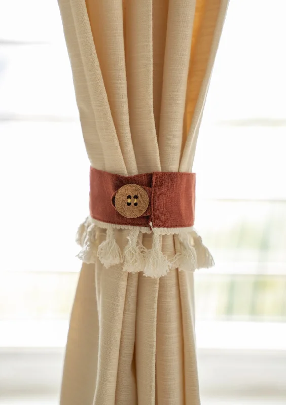 Brick red Solid 100% Cotton curtain tie back with Coconut shell button and tassels - Pack of 2