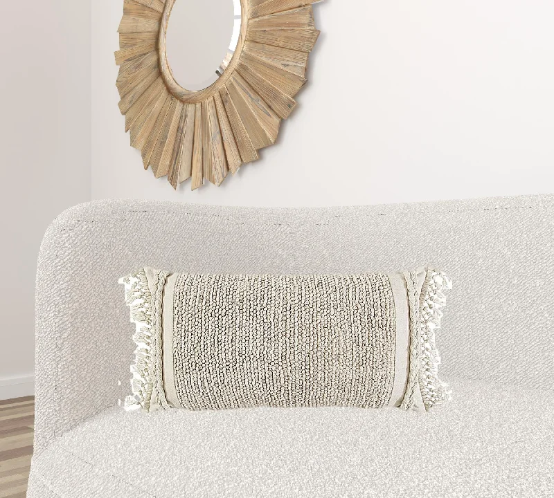 Ivory Braided Stripe Macrame Fringe Lumbar Pillow