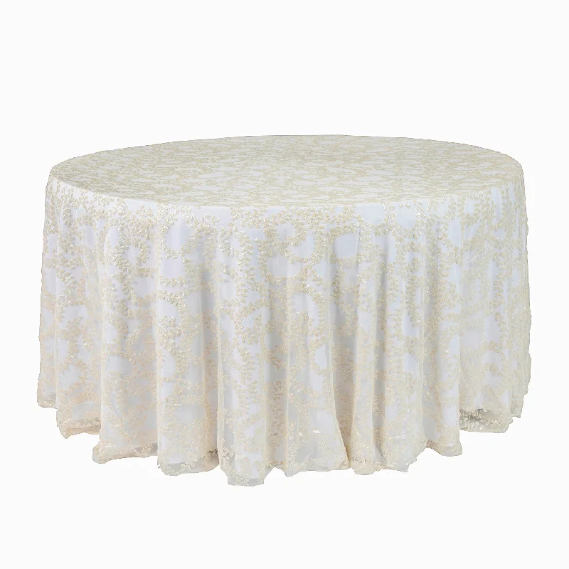 Sequin Vine Tablecloth Overlay 120" Round  - Light Ivory/Off White