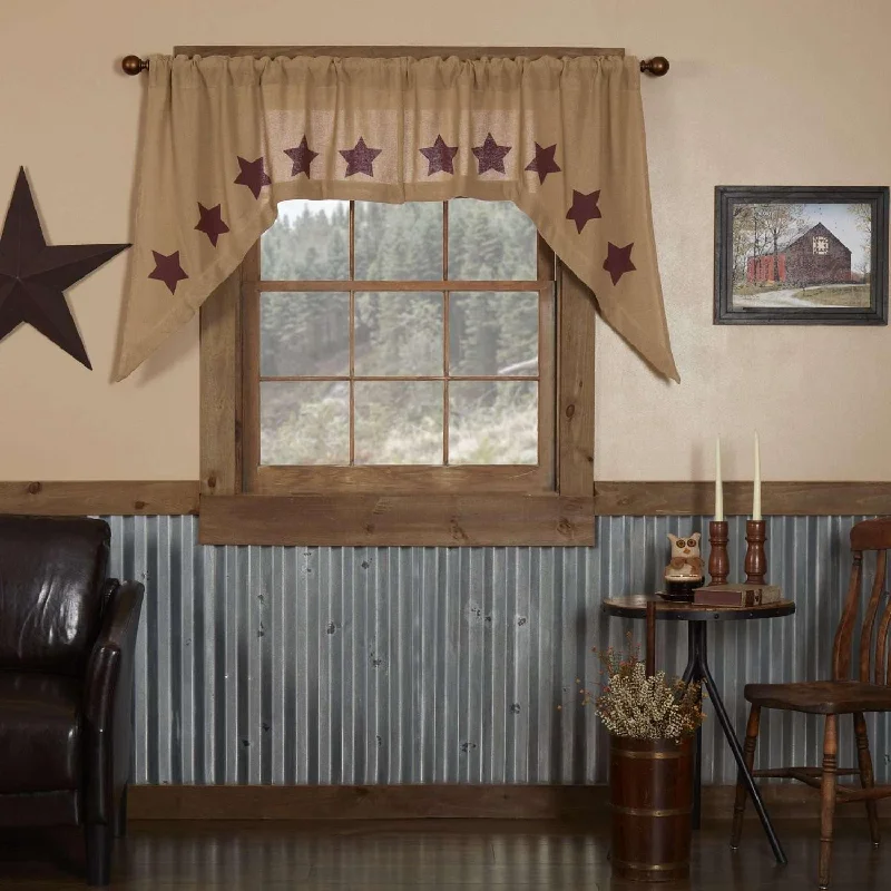 Burlap w/Burgundy Stencil Stars Swag Curtain Set of 2 36x36x16