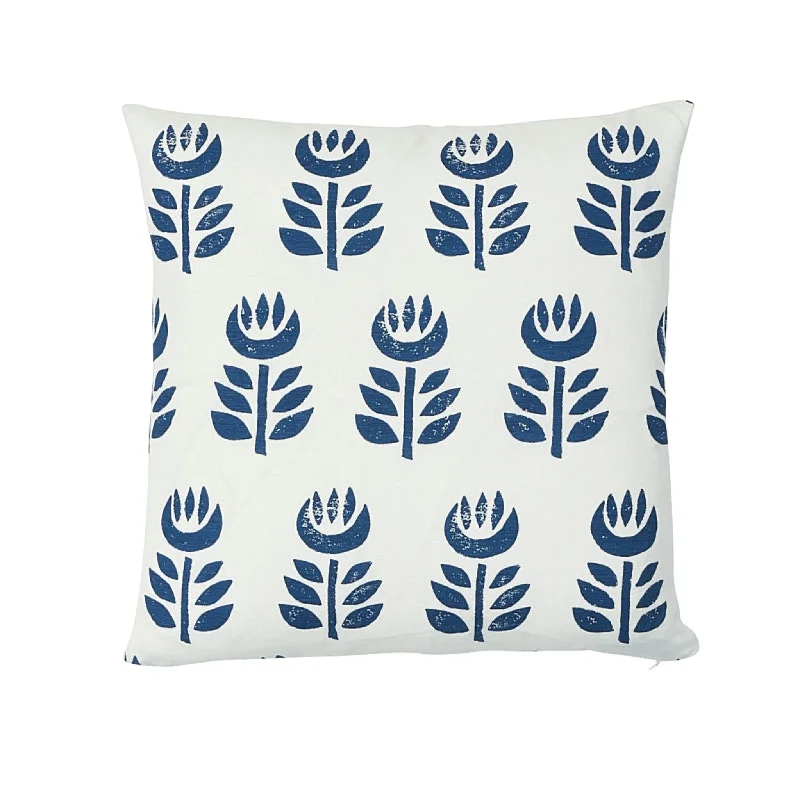 Blue & White Rosenborg Hand Printed Floral 18" Throw Pillow