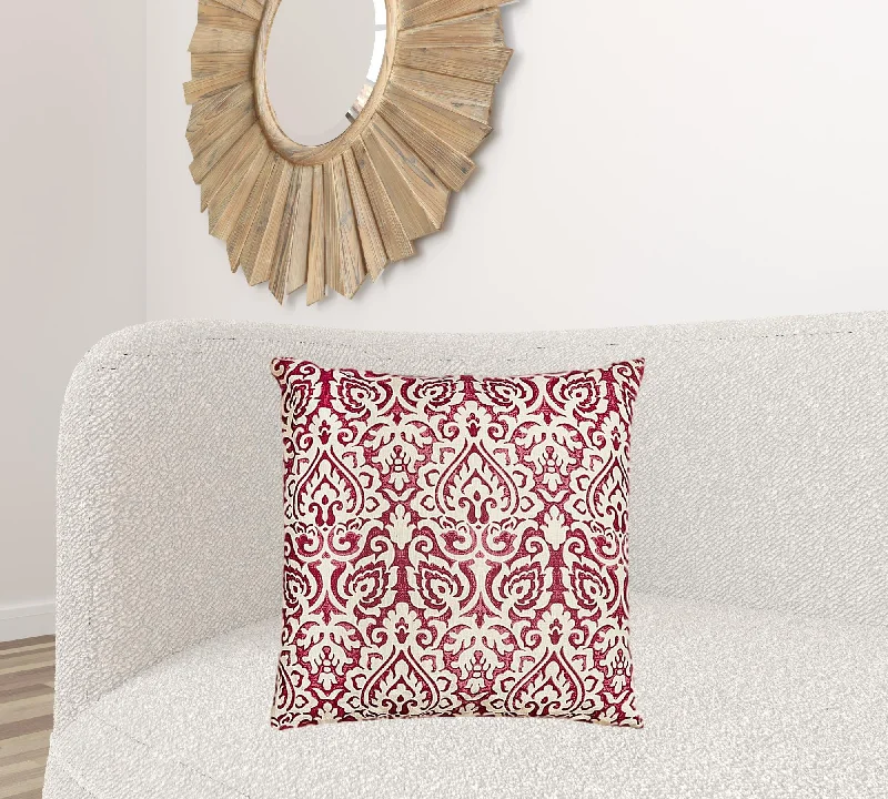 Red White Distressed Damask Throw Pillow