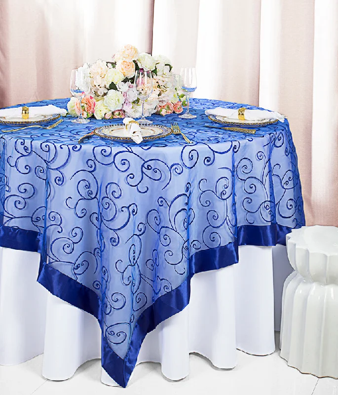 85"x85" Seamless Square Embroidered Organza Tablecloth/Table Overlay - Royal Blue (1pc)