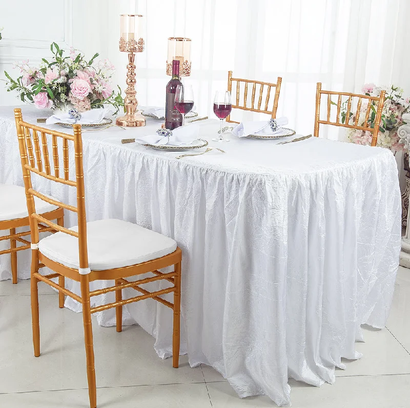 6 Ft Rectangular Ruffled Fitted Crushed Taffeta Tablecloth With Skirt - White (1pc)