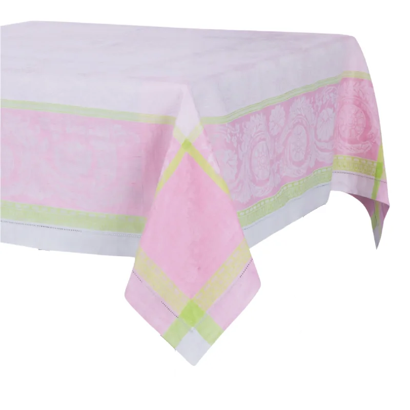 Linen Rectangular Cleopatra Tablecloth - Chartreuse, Rose, and Pale Lavender