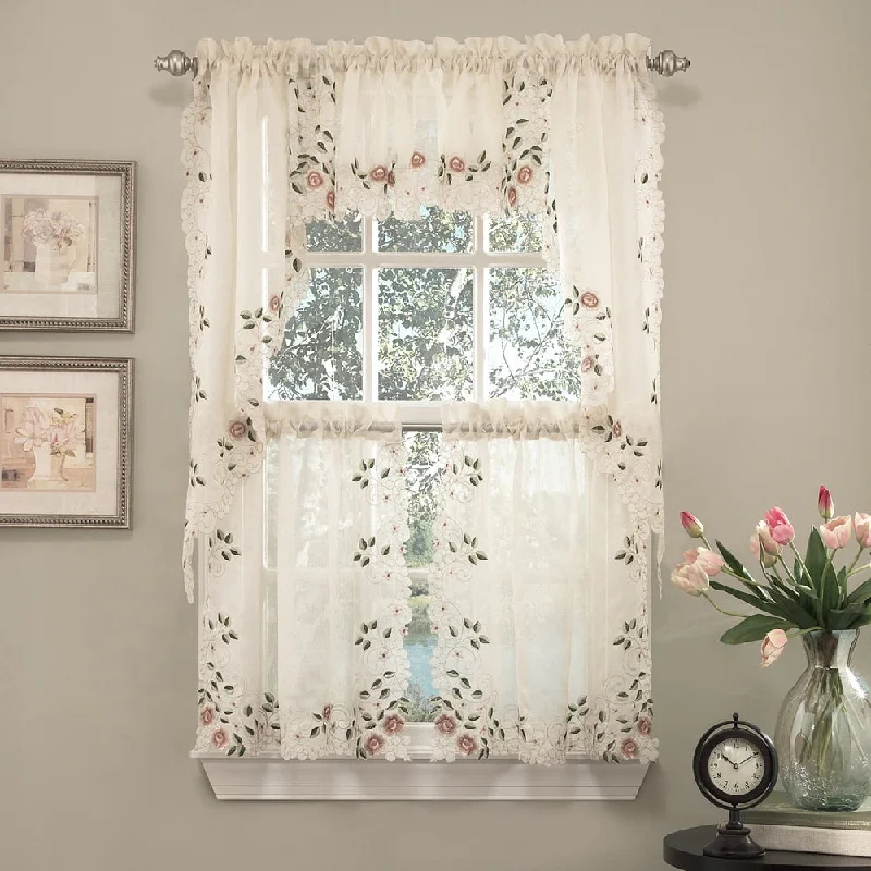 Old World Floral Embroidered Sheer Kitchen Curtain Parts- Tiers, Swags and Valances