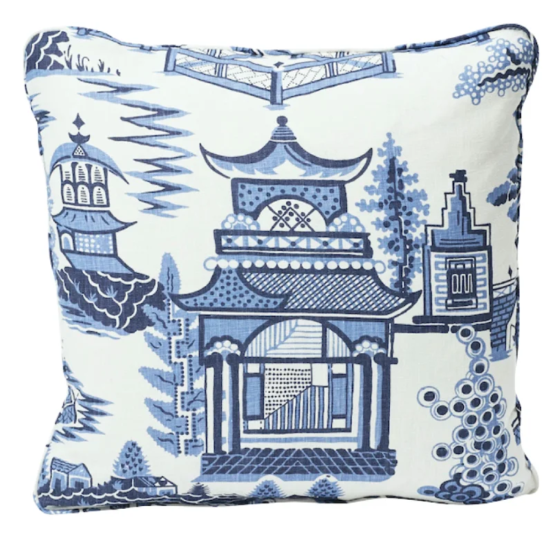 Blue & White Nanjing 18" Pagoda Print Linen Throw Pillow