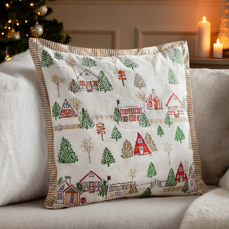 Winter Ski Lodges Embroidered Cushion White