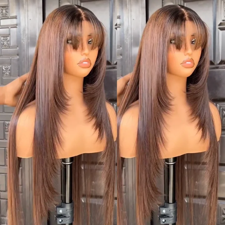 Layered Cut Brown Brazilian Straight Hair Long Wigs with Curtain Bangs 13x4/13x6 HD Lace Front Wigs-Amanda Hair