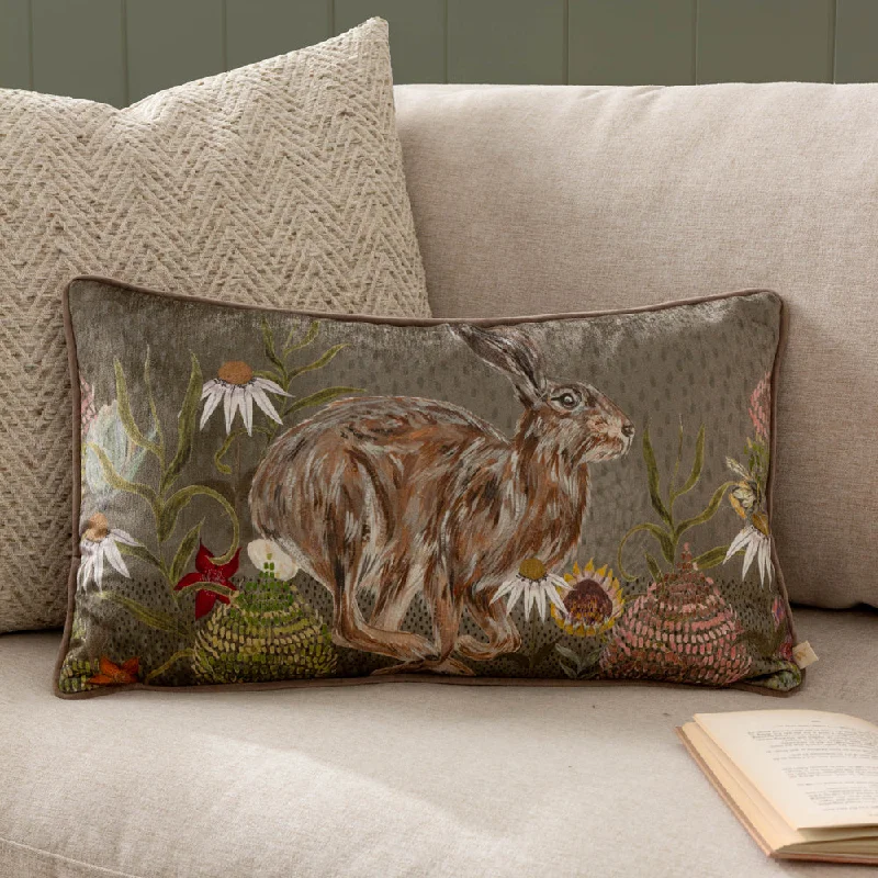 Meadow Bloom Hazel Hare Printed Chenille Cushion Sage