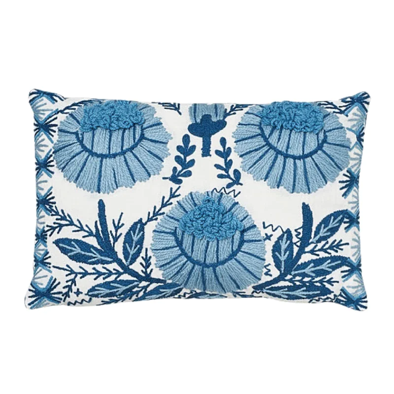 Sky Blue Marguerite Floral Embroidered Lumbar Pillow