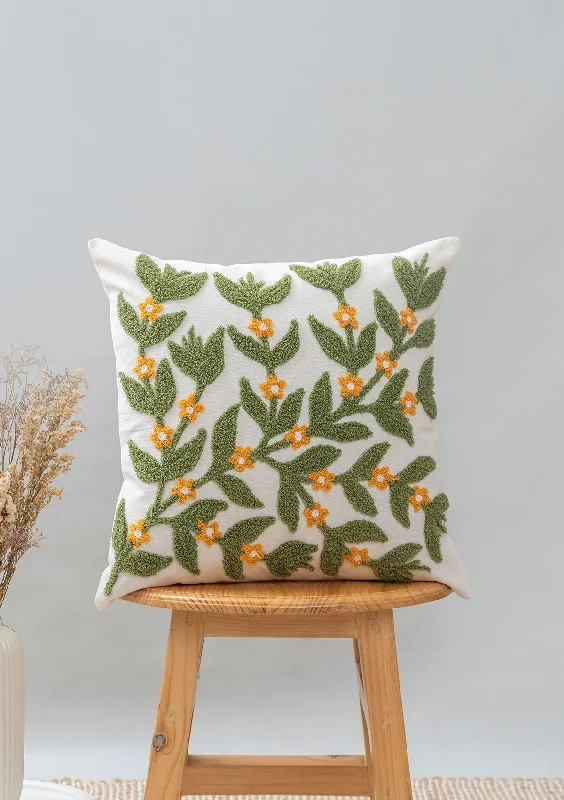 Lush 100% cotton embroidered floral cushion cover for sofa - Green