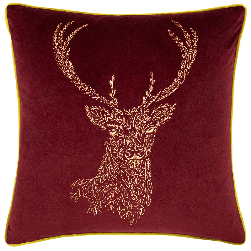 Forest Fauna Woodland Stag Square Cushion Burgundy/Gold