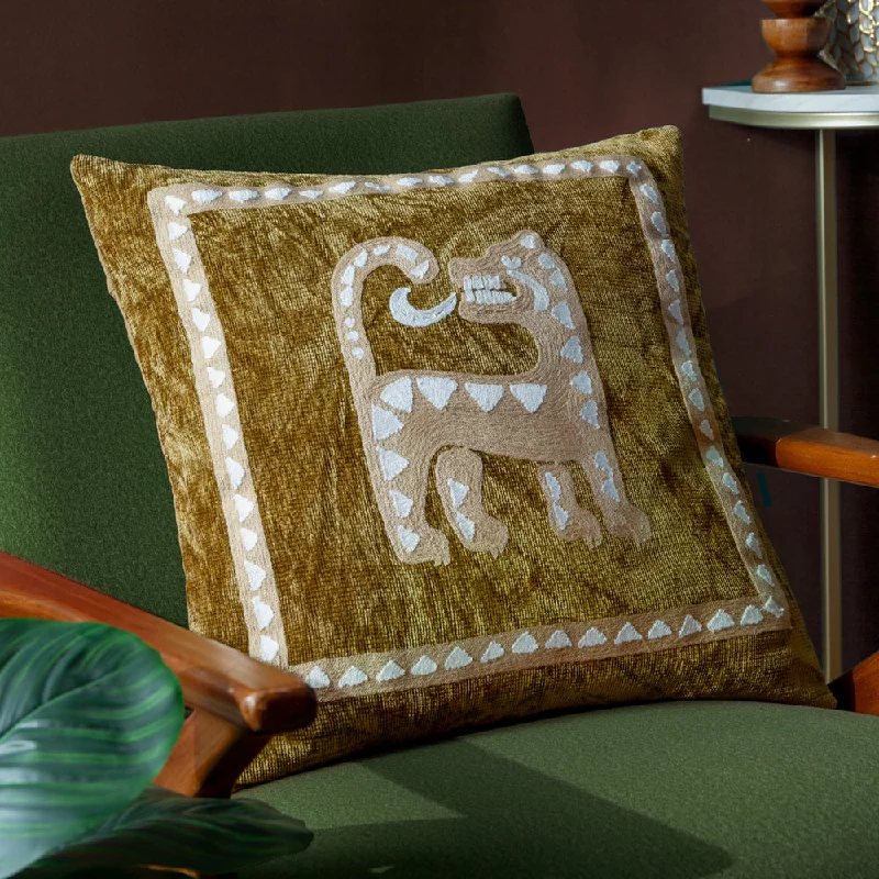 Dynasty Tiger Embroidered Chenille Cushion Amber Green