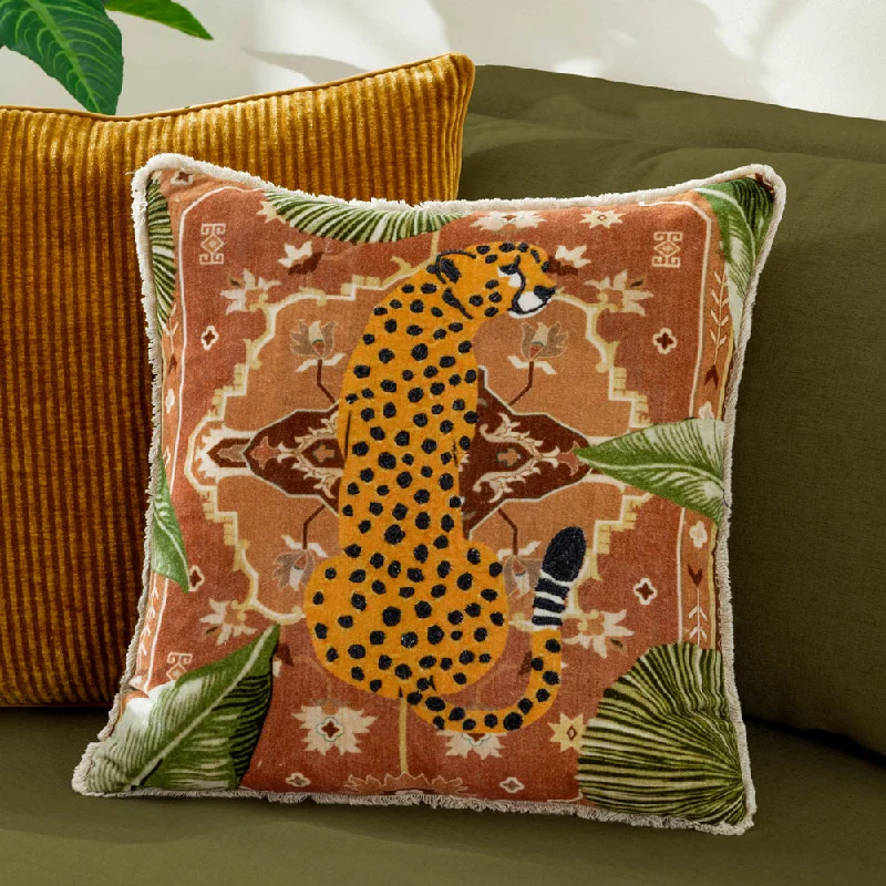 Kilim Cheetah Printed Velvet Cushion Terracotta