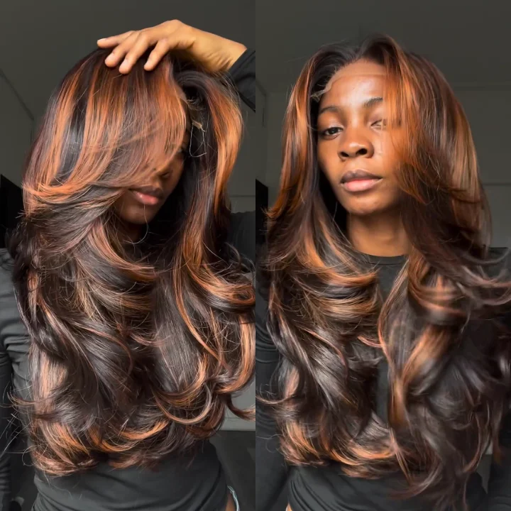 Highlight Ginger Brown 6x4/13x4 Lace Loose Wave Wigs with Curtain Bangs Human Hair Undetectable Clear Transparent Lace Wigs