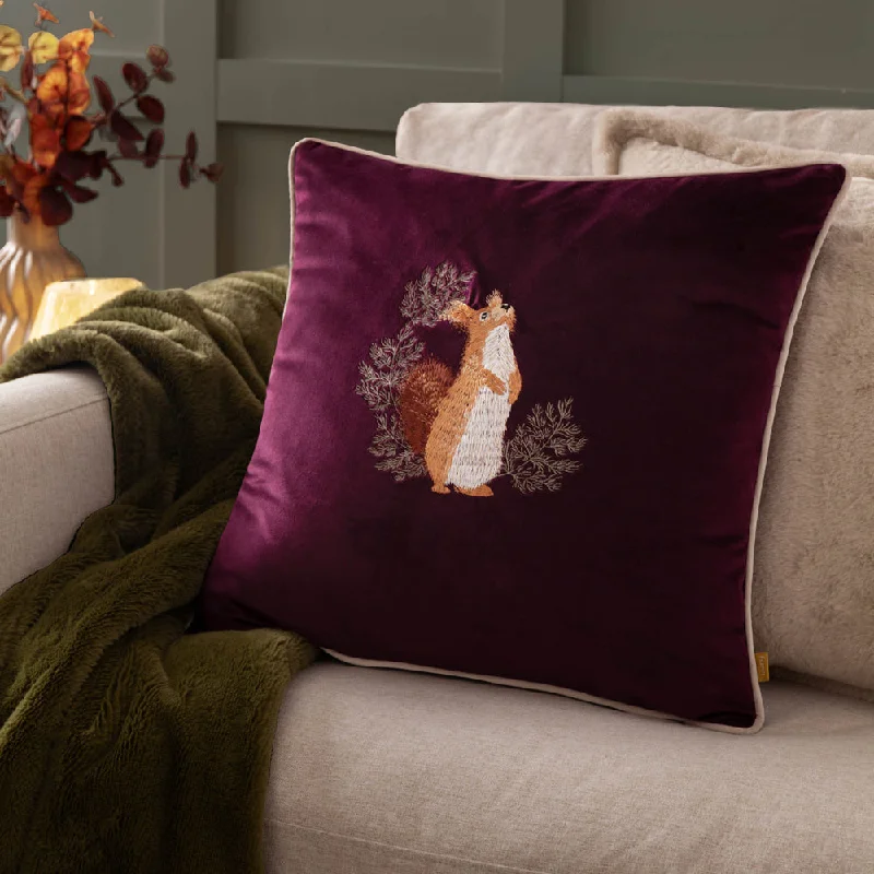 Pineberry Forest Embroidered Velvet Cushion Plum