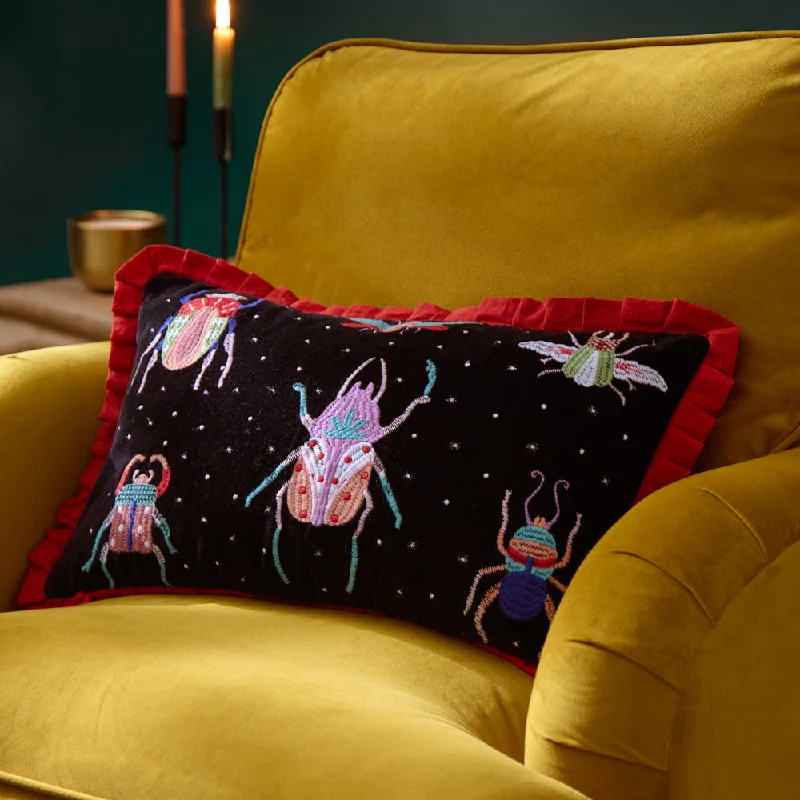 Darkling Beetles Embroidered Velvet Cushion Crimson/Black