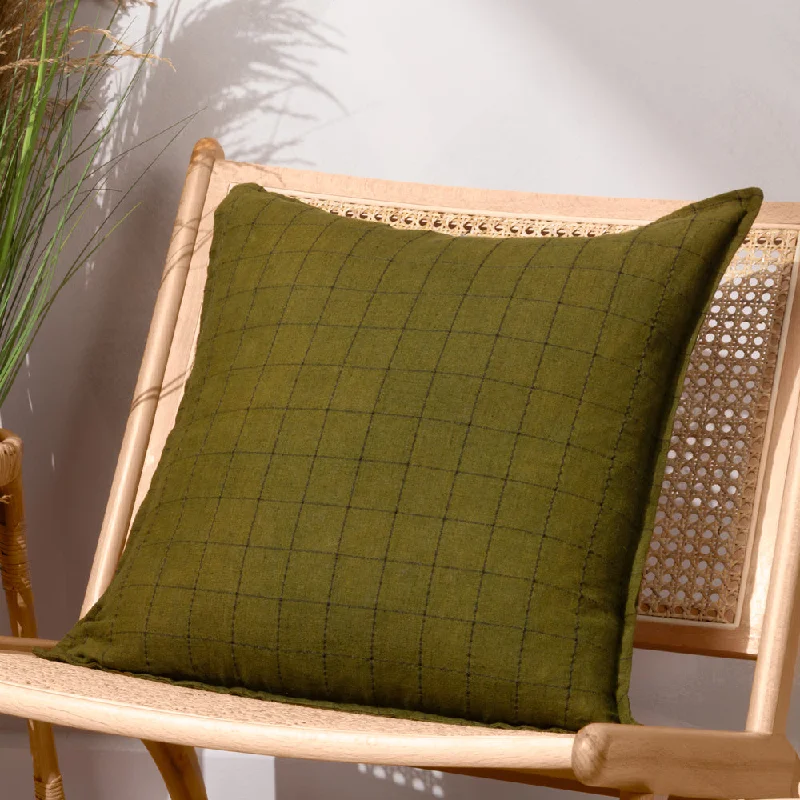 Linen Grid Check Cushion Olive