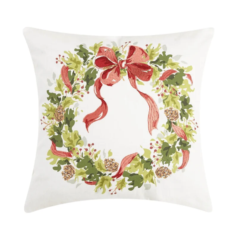 Holly Pinecone Wreath Printed & Embroidered Christmas Throw Pillow