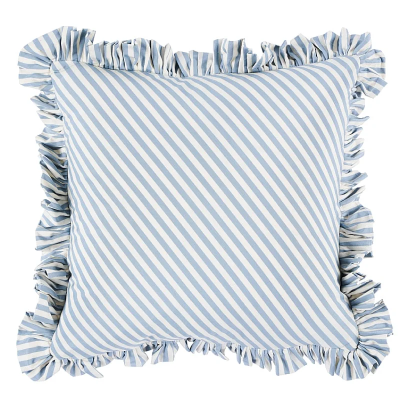 Blue & White Striped and Ruffled Cotton Throw Pillow