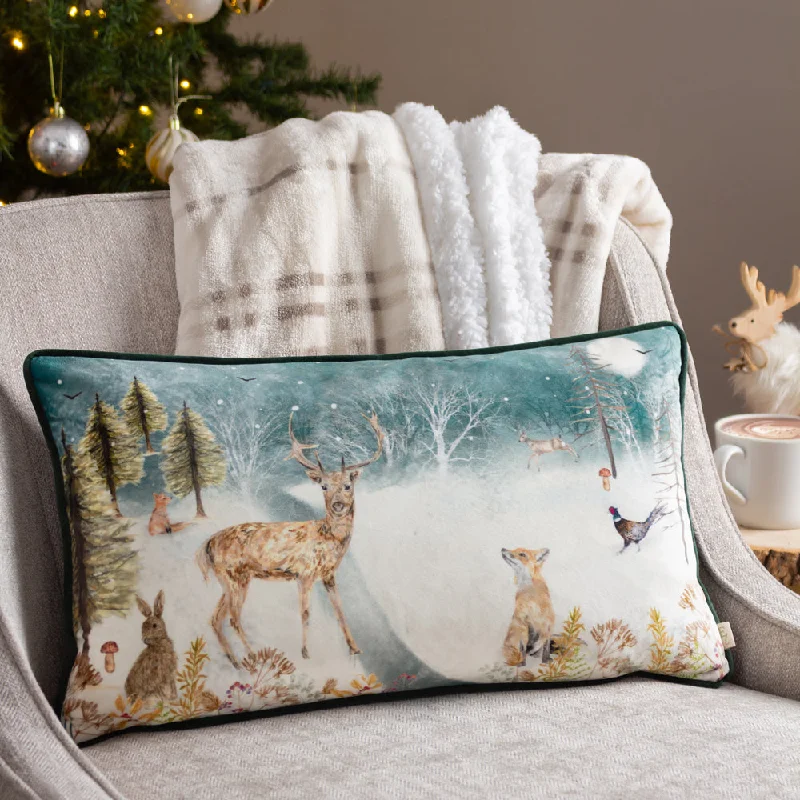 Stag Winter Scene Cushion Teal