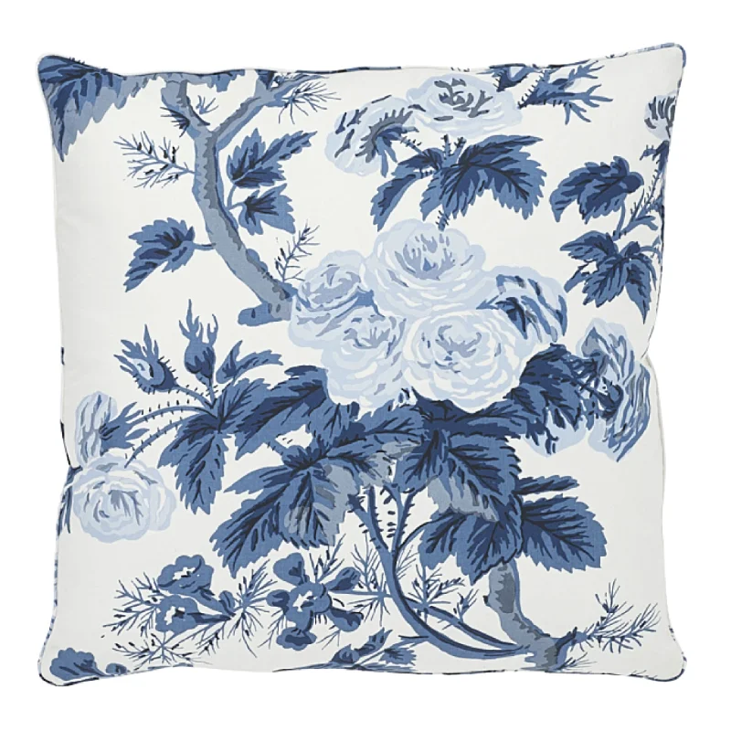 Blue & White Pyne Rose and Hollyhock 18" Throw Pillow