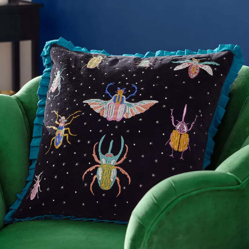 Darkling Beetles Embroidered Velvet Cushion Teal/Black