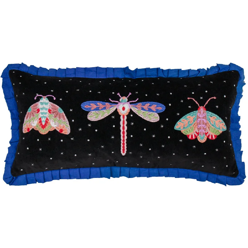 Darkling Beetles Embroidered Velvet Cushion Cobalt/Black