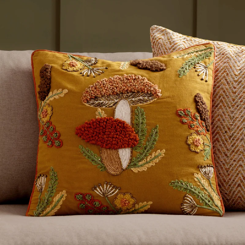 Mushroom Dell Embroidered Cotton Cushion Autumn Gold